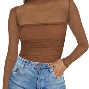 Poetsky Women's Sexy Sheer Long Sleeve Tops Mock Turtle Neck
